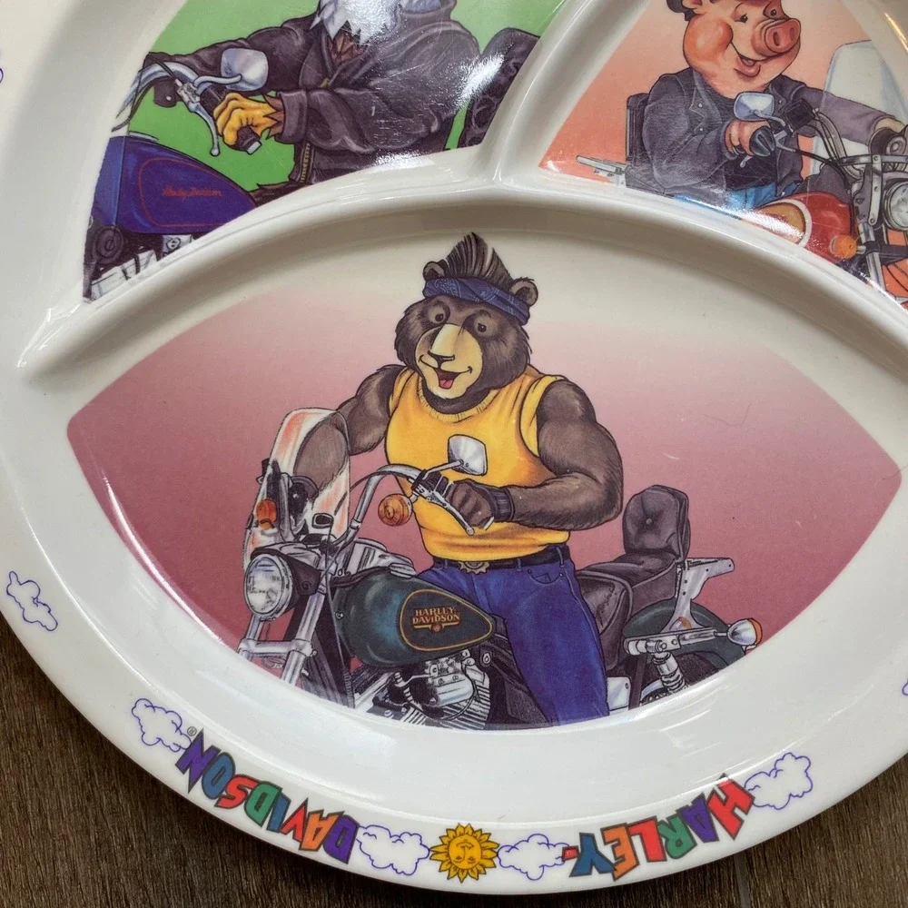 Vintage 1999 Harley Davidson Divided Melamine Kids Plate Biker Animals 8.5 Inch